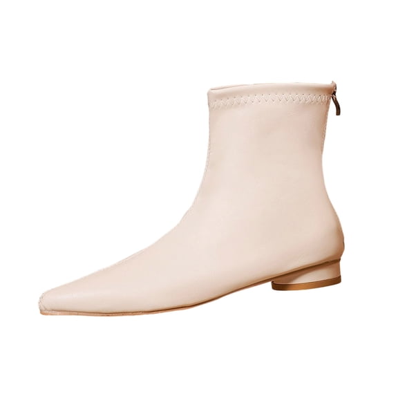 FRSASU Women's Leather Thick Flat Pointed Toe Ankle Boots Chunky Low Heeled Zip Up Short Booties Beige