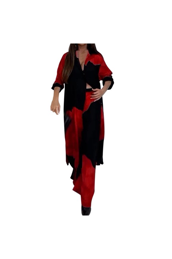 Women's Leisure Two Piece Long Cardigan Wide-leg Trousers,Women Color Block Long Cardigan and Pants Set Black L(L)