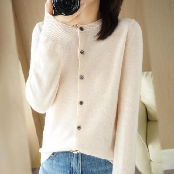 FRSASU Women's Lightweight Button Cardigan Long Sleeve Casual Crew Neck Soft Knit Cardigans Sweater Tops Beige