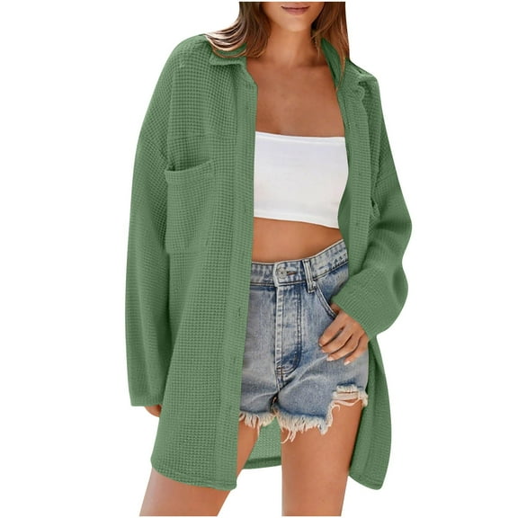 FRSASU Women's Lightweight Cardigan Casual Soft Long Sleeve Drop Shoulder Solid Color Knit Mid-Length Loose Cardigans Green XXL(XXL)