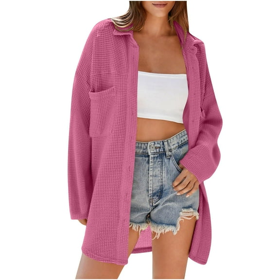 FRSASU Women's Lightweight Cardigan Casual Soft Long Sleeve Drop Shoulder Solid Color Knit Mid-Length Loose Cardigans Hot Pink M(M)