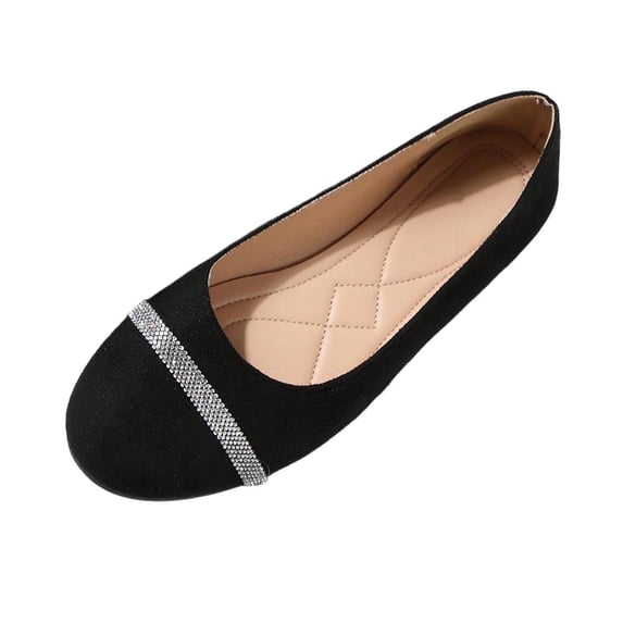 FRSASU Women's Lightweight Fashion Rhinestone Wedge Shoes, Black Ballet Round Toe Comfy Pump Low Heel Black