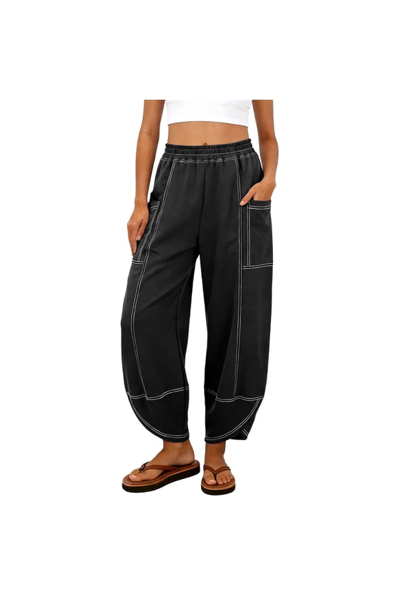 Women's Linen Baggy Barrel Pants Wide Leg Tulip Hem Lounge Elastic Waist Palazzo Vacation Trousers with Pockets Black