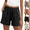 thumbnail image 1 of FRSASU Women's Linen Cotton Elastic Waist Drawstring Bermuda Shorts Hollowed Lace Summer Beach Shorts with Pockets Orange-A, 1 of 5