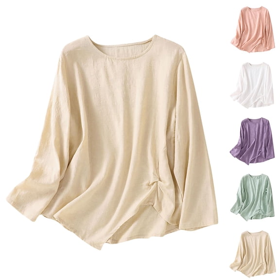 FRSASU Women's Linen Long Sleeve Blouse Crew Neck Summer Solid Color Casual Tops Loose Fit White