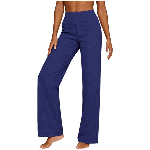 FRSASU Women's Linen Pants Elastic Waist Work Pants Dressy Casual Straight Leg Lounge Gauze Loose Fit Trousers with Pockets Blue