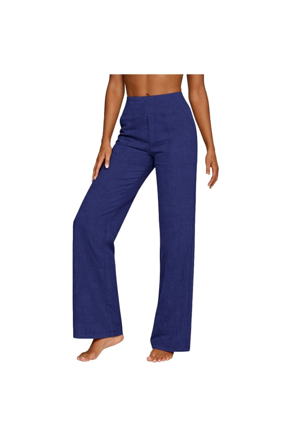 Women's Linen Pants Elastic Waist Work Pants Dressy Casual Straight Leg Lounge Gauze Loose Fit Trousers with Pockets Blue