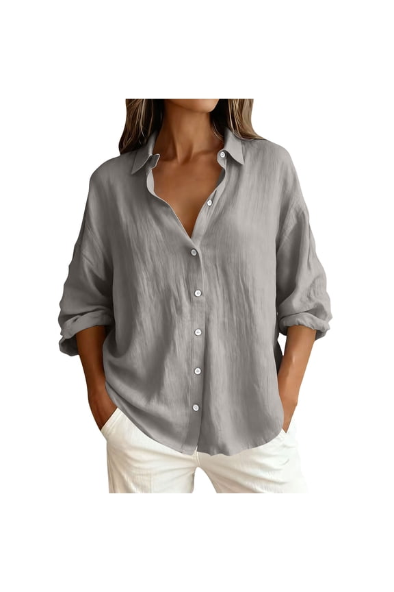 Women's Linen Shirts Summer Casual V-Neck Roll up Sleeve Button Down Blouses Loose Fit Lightweight Tops Gray