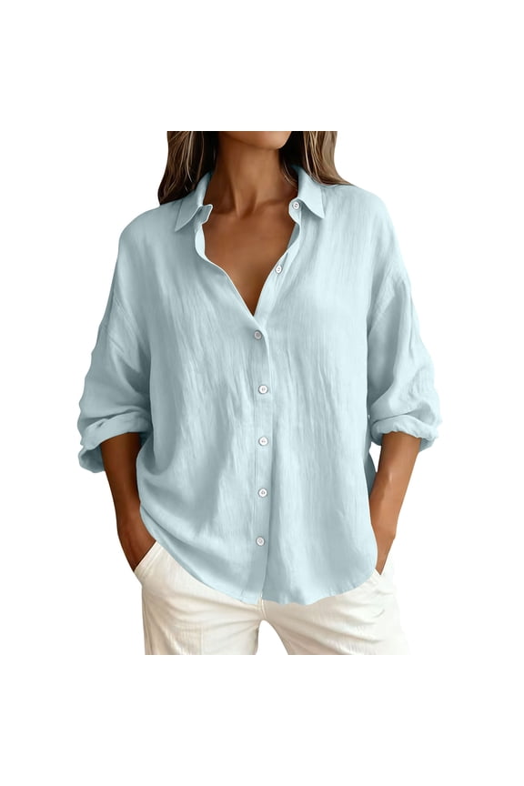 Women's Linen Shirts Summer Casual V-Neck Roll up Sleeve Button Down Blouses Loose Fit Lightweight Tops Light Blue