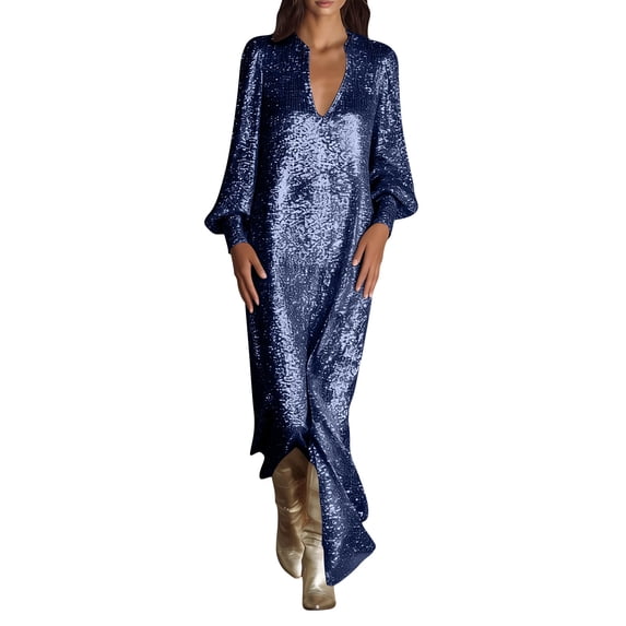 FRSASU Women's Long Dress Loose Sparkly Sequin Party Dresses Deep V-Neck Puff Long Sleeve Swing Maxi Dress Blue