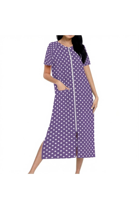 Women's Long Knitted Bathrobe Casual Zipper up Comfortable Full Length Fashion Star Print Homewear Sleepshirts with Pocket Purple