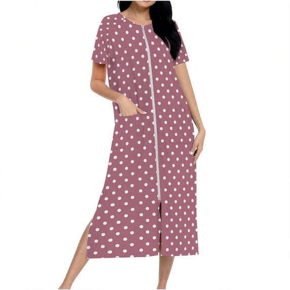 FRSASU Women's Long Knitted Bathrobe Casual Zipper up Comfortable Full Length Polka Dot Print Homewear Sleepshirts with Pocket Red