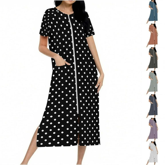 FRSASU Women's Long Knitted Bathrobe Casual Zipper up Comfortable Full Length Polka Dot Print Homewear Sleepshirts with Pocket White