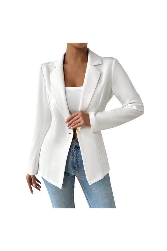 Women's Long Sleeve Blazer Turndown Collar Open Front Cardigan Button Jacket Work office Casual Blazer White S(S)