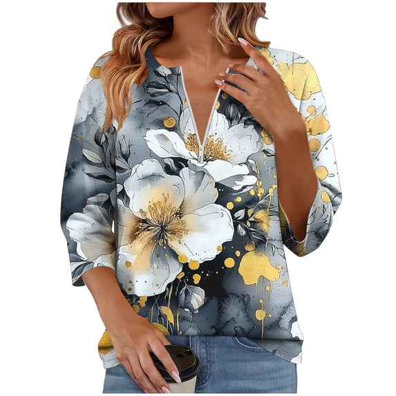 FRSASU Women's Long Sleeve Blouses Half-Zip V-Neck Floral Printed Pullover Tops Spring Summer Loose Outfits Gray-D
