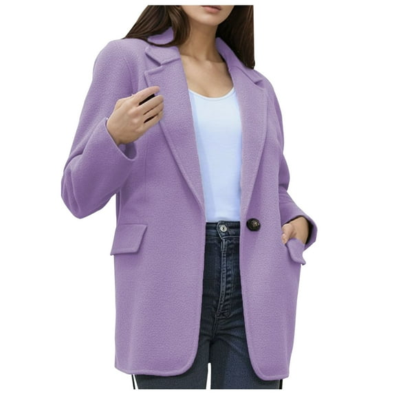 FRSASU Women's Long Sleeve Button Lapel Warm Jacket Winter Solid Color Versatile Woolen Coat with Pockets Purple