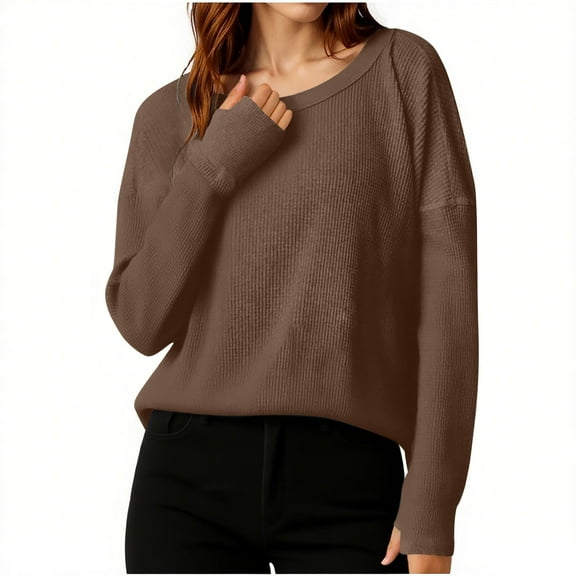 FRSASU Women's Long Sleeve Crewneck Waffle Basic Shirt Solid Color Loose Soft Comfy Fashion Casual Tops Brown M(M)
