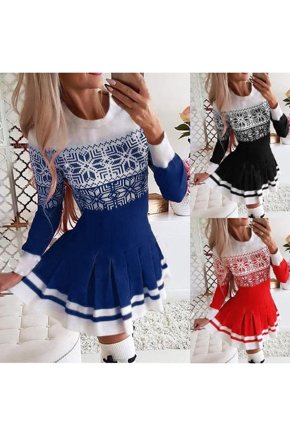 Women's Long Sleeve Dresses Vacation Crew Neck Allover Rose foral Slim Mini Boho Fall Wedding Guest Dresses Navy