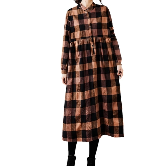 FRSASU Women's Long Sleeve Half Button Down Maxi Dress Casual Fall Winter Loose Fit V Neck Plaid Shirt Tartan Dress Orange