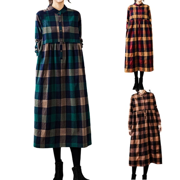 FRSASU Women's Long Sleeve Half Button Down Maxi Dress Casual Fall Winter Loose Fit V Neck Plaid Shirt Tartan Dress Red