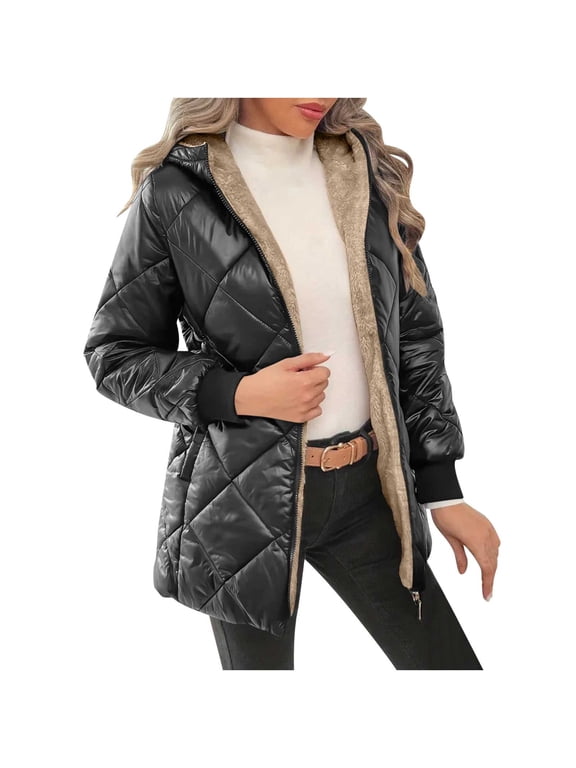 Women's Long-Sleeve Hooded Zipper Cotton Jacket with Soft Fleece Lining for Winter Black