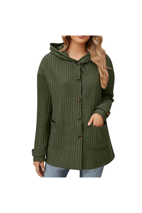 Women's Long Sleeve Knit Jacket Hooded Spring Button up Hoodies Coat Fall Trendy Loose Fit Outwear with Pockets Army Green