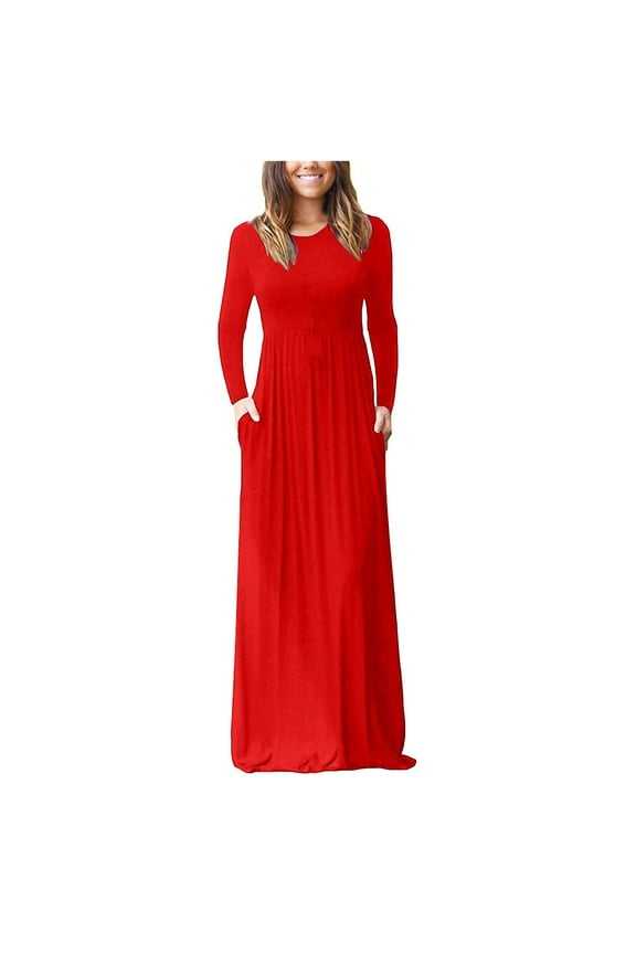 Women's Long Sleeve Loose Plain Maxi Dresses Floral Empire Waist Fall Casual Long Dresses with Pockets Red