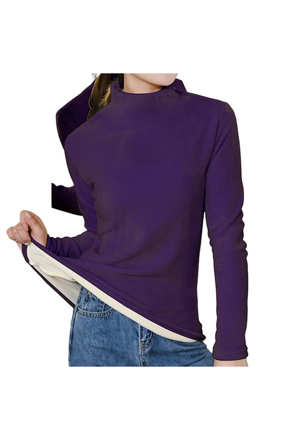 Women's Long Sleeve Mock Turtleneck Tops Fleece Lined Slim Fit Shirts thermal Base Layer Purple