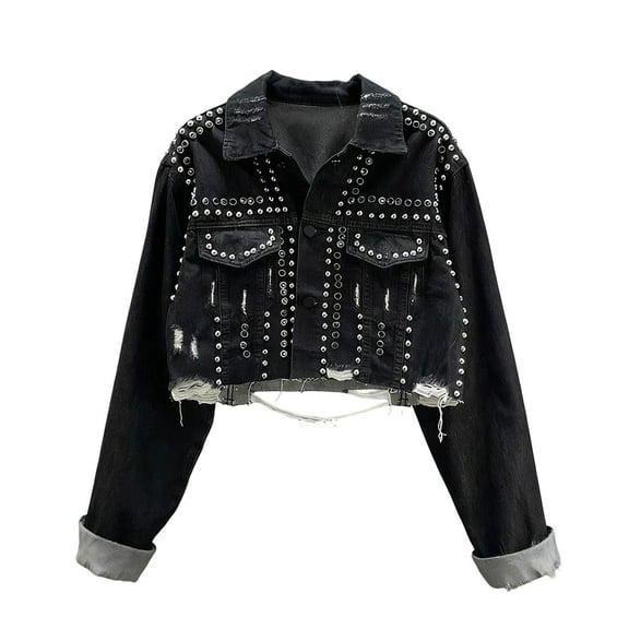 FRSASU Women's Long Sleeve Rivet Studded Denim Jacket Casual Diamond Inlaid Short Jean Coat Black
