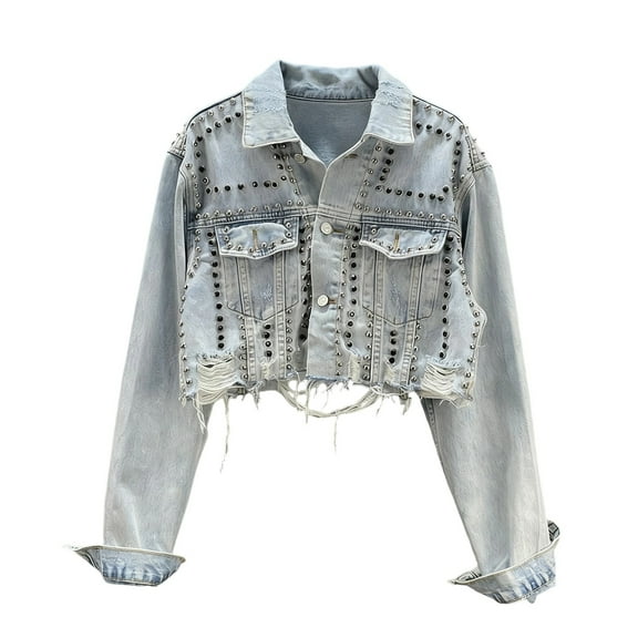 FRSASU Women's Long Sleeve Rivet Studded Denim Jacket Casual Diamond Inlaid Short Jean Coat Gray