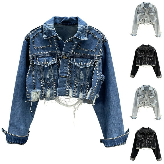 FRSASU Women's Long Sleeve Rivet Studded Denim Jacket Casual Diamond Inlaid Short Jean Coat Gray