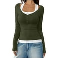 thumbnail image 1 of FRSASU Women's Long Sleeve Shirts Fake Two-Piece Camisole Button Slim Fitted T Shirts Fashion Going Out Tops Army Green, 1 of 6