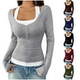 thumbnail image 1 of FRSASU Women's Long Sleeve Shirts Fake Two-Piece Camisole Button Slim Fitted T Shirts Fashion Going Out Tops Wine, 1 of 6
