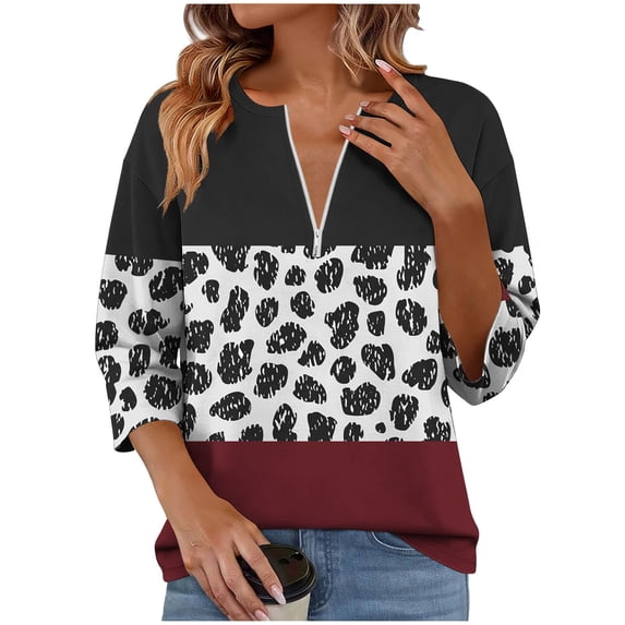 FRSASU Women's Long Sleeve Shirts Half-Zip V-Neck Leopard Vintage Print Pullover Tops Spring Summer Loose Outfits Black