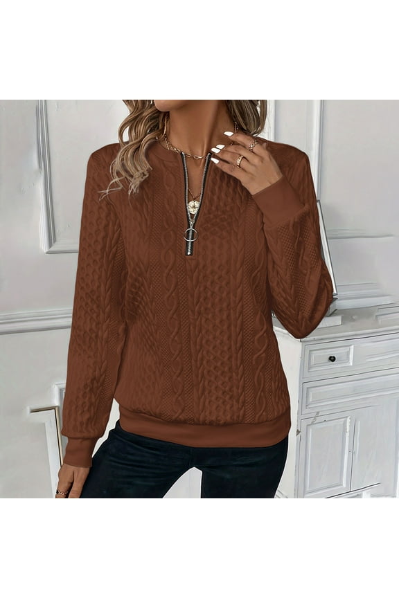 Women's Long Sleeve Shirts Quarter Zip Pullover Collared V Neck Tops Fall Blouses Coffee