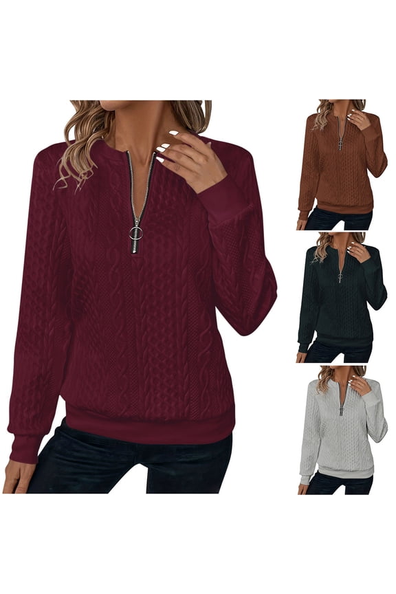 Women's Long Sleeve Shirts Quarter Zip Pullover Collared V Neck Tops Fall Blouses Wine
