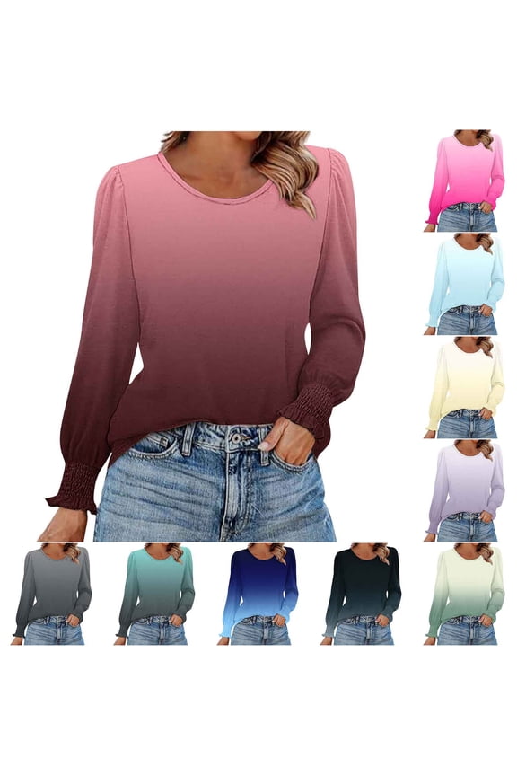 Women's Long Sleeve Shirts Round Neck Dressy Gradient Color Casual Basic Tees Tops Yellow