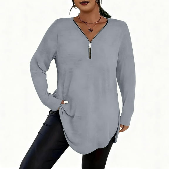 FRSASU Women's Long Sleeve Shirts Tunic Loose Fit Tops Zipper V Neck Long Sleeve Plus Size Knit Blouse Gray