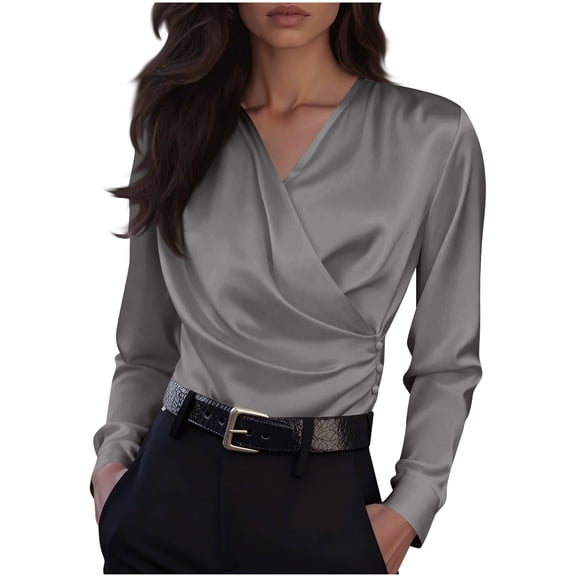 FRSASU Women's Long Sleeve Shirts V Neck Satin Basic Tee Soft Breathable Casual Tops Loose Fit T-Shirt Gray