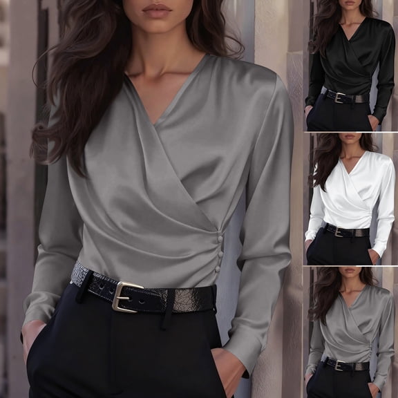 FRSASU Women's Long Sleeve Shirts V Neck Satin Basic Tee Soft Breathable Casual Tops Loose Fit T-Shirt White