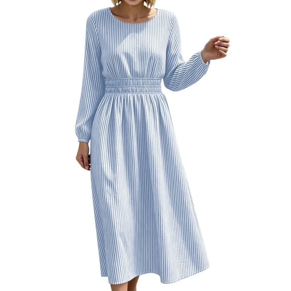 FRSASU Women's Long Sleeve Striped A Line Midi Dress Round Neck Smocked Elastic Waist Flowy Casual Daily Holiday Long Dress Blue