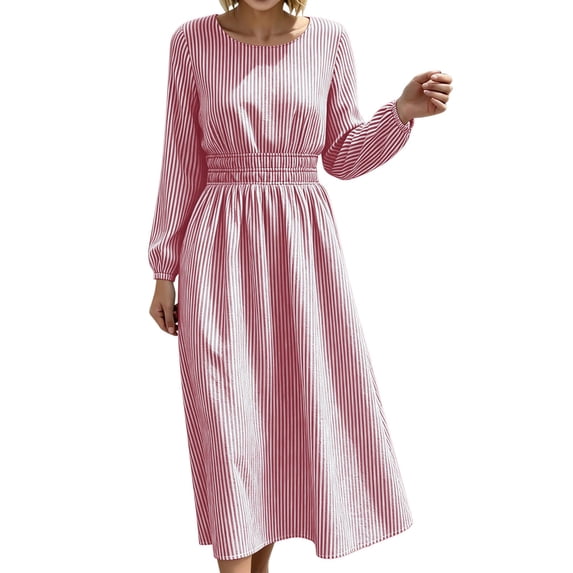 FRSASU Women's Long Sleeve Striped A Line Midi Dress Round Neck Smocked Elastic Waist Flowy Casual Daily Holiday Long Dress Hot Pink