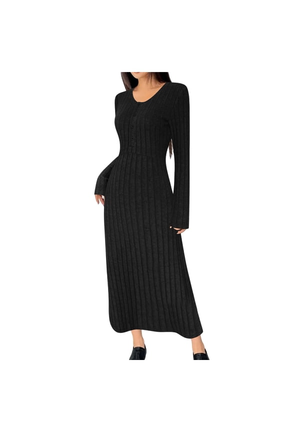 Women's Long Sleeve Sweater Dress Winter V Neck Ribbed Knit Casual formal Cocktail Bodycon Maxi Dresses Black