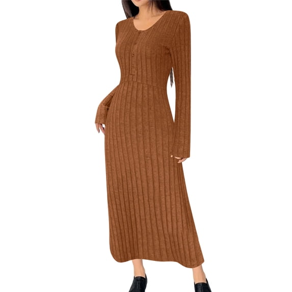 FRSASU Women's Long Sleeve Sweater Dress Winter V Neck Ribbed Knit Casual formal Cocktail Bodycon Maxi Dresses Brown