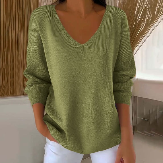 FRSASU Women's Long Sleeve Sweatshirts No Hood Casual V Neck Lightweight Trendy Fall Spring Basic Pullover Tops Green