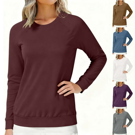 FRSASU Women's Long Sleeve T-Shirts Solid Color Crew Neck Raglan Sleeve Casual Loose Fit Shirts Tunic Tops White