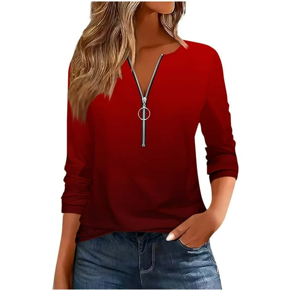 FRSASU Women's Long Sleeve Top Gradient Zipper Round Neck Work Shirts Loose Fitted Dressy Blouses Wine XL(XL)