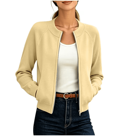 FRSASU Women's Full‑Zip Knit Cardigan Jacket Long Sleeve Ribbed Collar Casual Cropped Sweater Coat with Side Pockets Yellow
