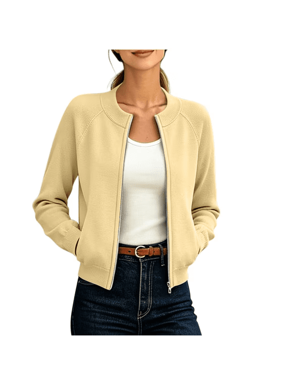 Women's Full‑Zip Knit Cardigan Jacket Long Sleeve Ribbed Collar Casual Cropped Sweater Coat with Side Pockets Yellow