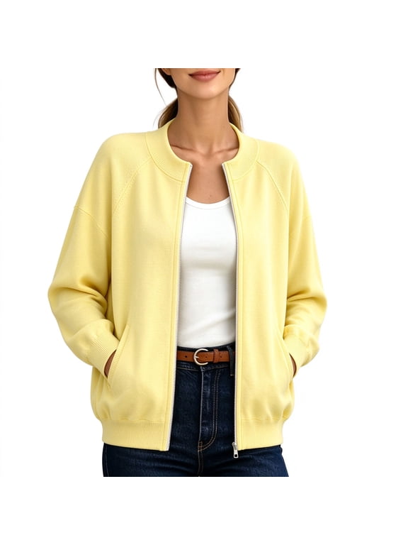 Women's Full‑Zip Knit Cardigan Jacket Long Sleeve Ribbed Collar Casual Cropped Sweater Coat with Side Pockets Yellow